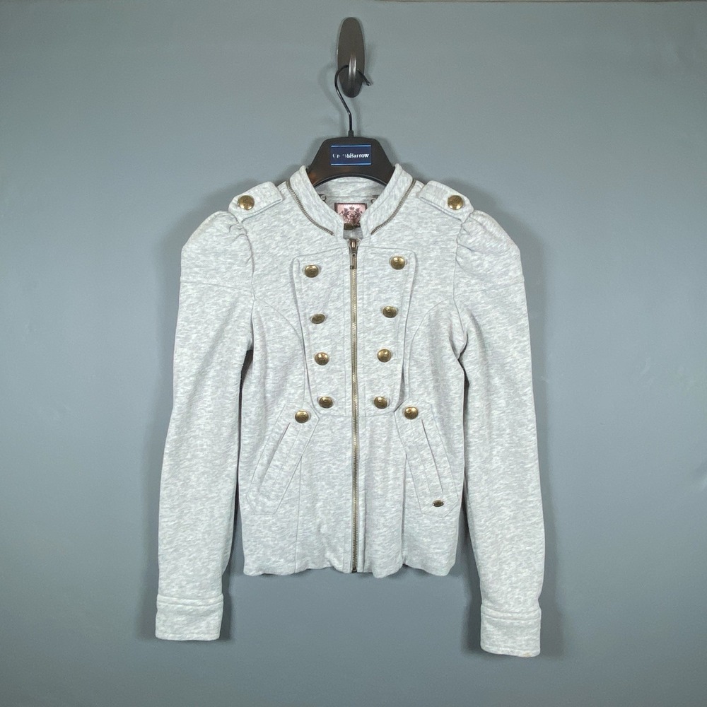 Juicy Couture Military Cadet Jacket Womens Size P Gray Full Zip Gold Button